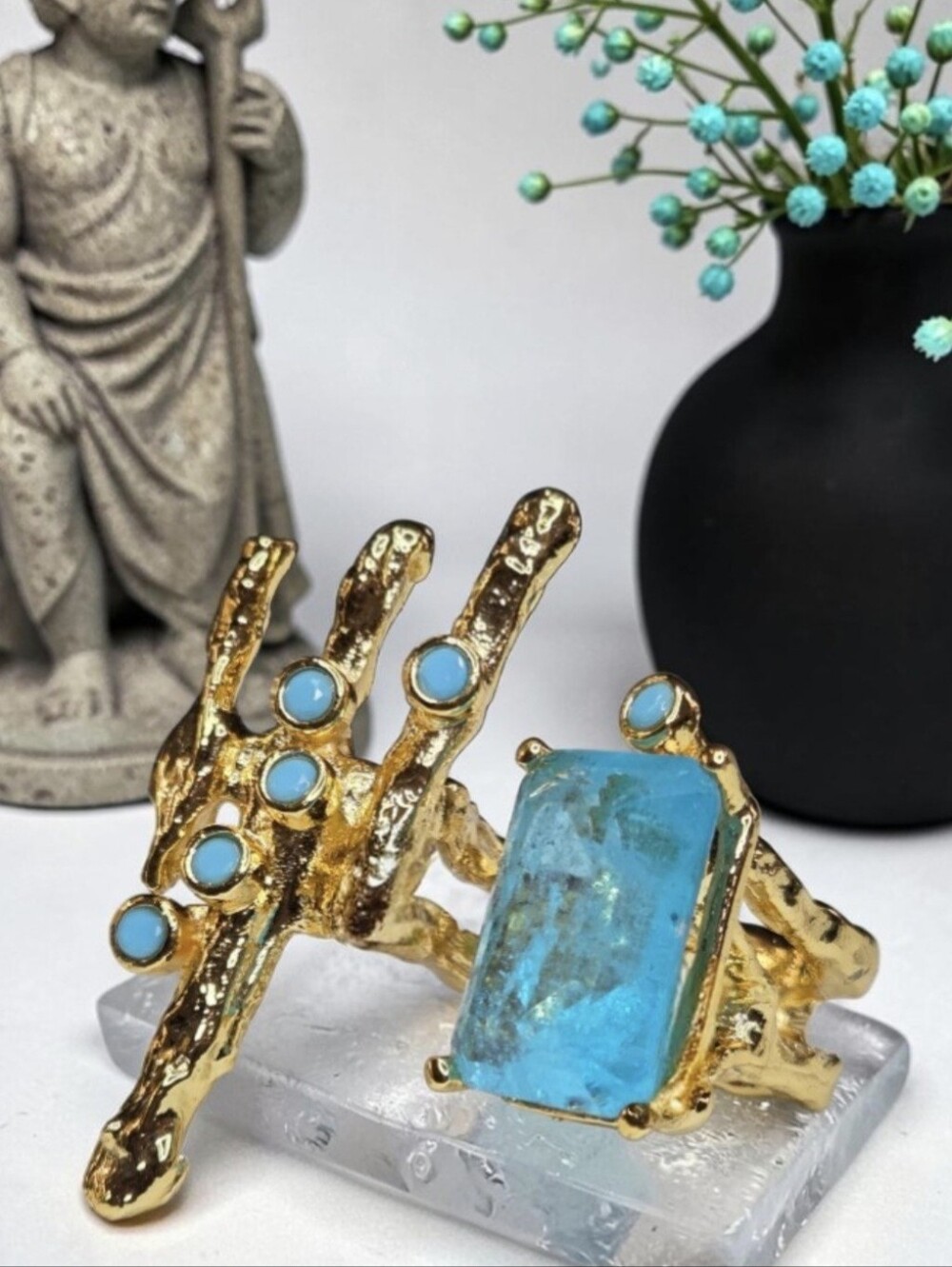 Insane 18k Gold Plated Poseidon's Trident Aqua Paraiba Tourmaline Turquoise Ring
